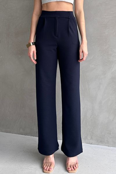 modavingo Women's Navy Blue High Waist Elastic Waist Velcro Palazzo Fabric Trousers