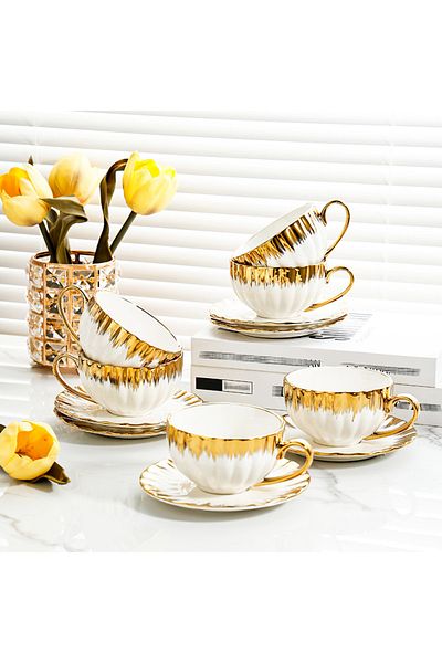 Vadi Enzo 6-Person Porcelain Gold Gilded Nescafe Cup Set