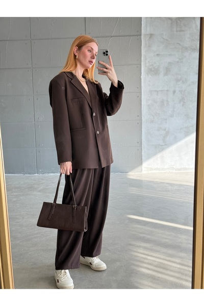 Zey Studio Kadın Gri Çift Düğme Detaylı Oversize Blazer Ceket