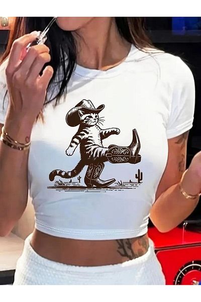 Toum dorukhediyelik Μποτάκια Cat Printed Crop Top Μπλούζα Σώμα