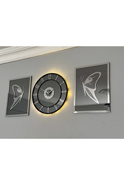harika crown Aynalı Model 2 Li Kelebek Tablo Ve Saat Seti 40