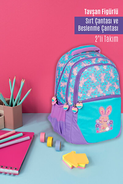 SmartFox Kız Çocuk Tavşan Figürlü Okul Sırt Çantası Beslenme Çantası 2'li Takım