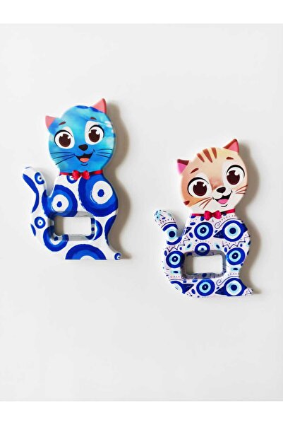 AKIN AKSESUAR HEDİYELİK İkili Kedi Figürlü Nazar Boncuklu Açacak Buzdolabı Ma...
