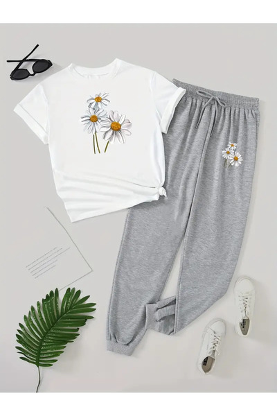 Frisson طقم تي شيرت وسروال كارجو نسائي بطباعة زهور - طباعة ديزي - خيارات المق...