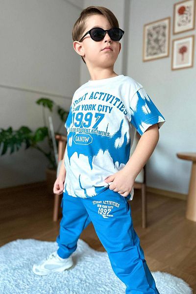 Riccotarz Tricou pentru băieți New York City și costum de trening albastru cu imprimeu text