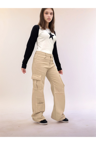 Asortix Kız Çocuk %100 Pamuk Gabardin Geniş Bacak Kargo Cepli Pantolon - Rahat ve Şık