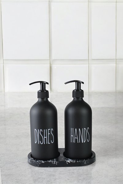 Denizcan Home Glass Liquid Soap Dispenser with Marble Pattern and Acrylic Stand 500 ml