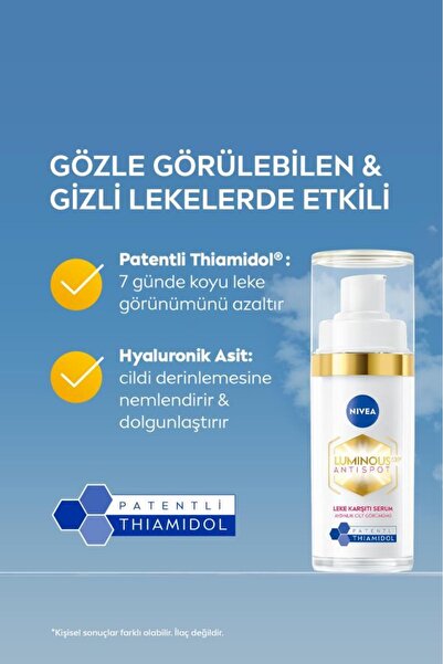 NIVEA Luminous630 Leke Karşıtı Cilt Serumu 30ml, Hyaluronik Asit, Ton Eşitleyici, Thiamidol, Nemlendirici