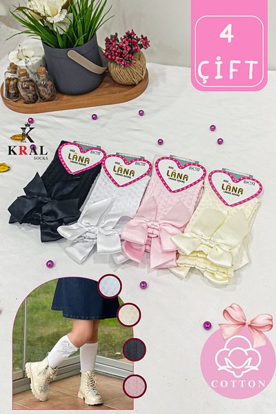 KRAL SOCKS Чорапи за момичета (4 ЧИФТА) Цветни памучни ученически чорапи с панделки