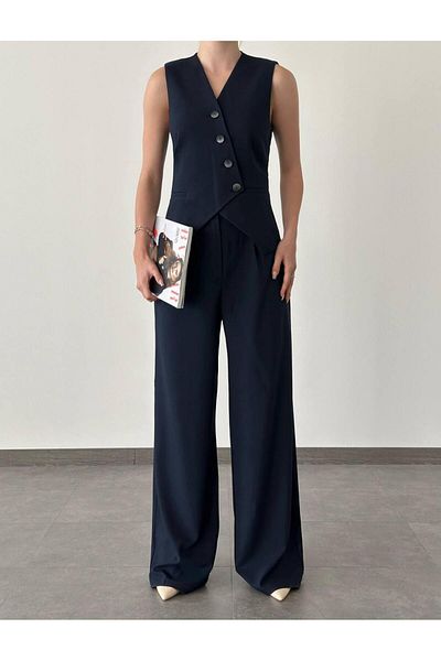 BUTİK ELAJ Women's Navy Blue Polyviscon Vest Suit