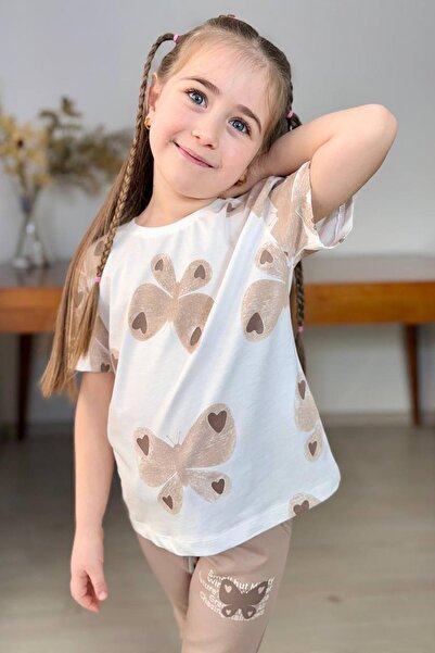 Riccotarz Κοριτσίστικο T-Shirt με τύπωμα πεταλούδας και βελουτέ ύφασμα, σε μπεζ απόχρωση, μαζί με παντελόνι φόρμας.