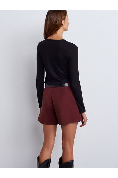 Dilvin 81055 Burgundy Belted Double Mini Shorts Skirt