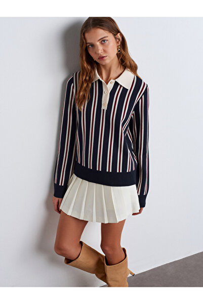 Dilvin 10711 Polo Neck Striped Buttoned Thin Knitwear Sweater-Navy-Cream