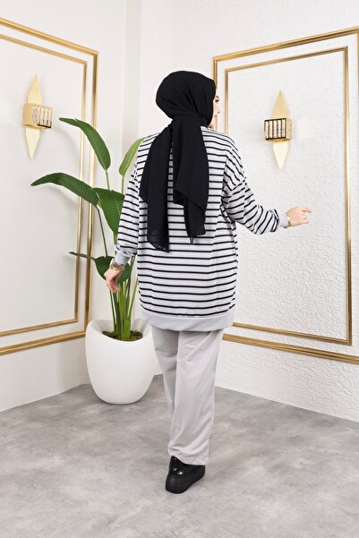 Sfg Life Moda Γυναικείο Σετ Τουνίκ Μαντιλάκι με Γκρι Ποδηλατικό Λαιμόκοψη και Ριγέ Πανταλόνι 2 Κλωστών