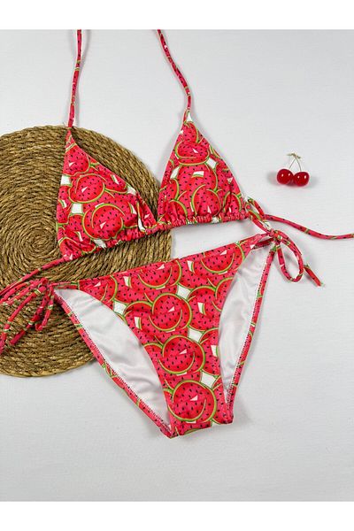 FUNELLA Women's Watermelon Slice Patterned Stretchy Lycra Stylish String Set New Season