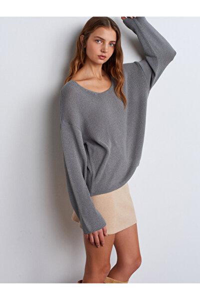 Dilvin 10706 Pulover din tricot cu textura moale cu guler oval - gri