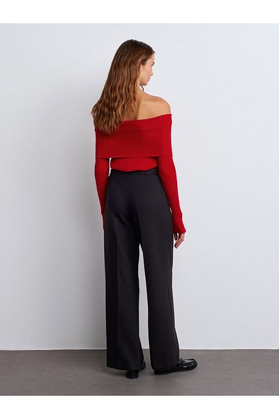 Dilvin 71602 Super Wide Leg Trousers with Belt-Black