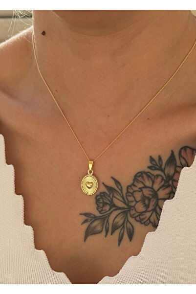 takıtarzım Gold Oval Women's Necklace with Heart Figure