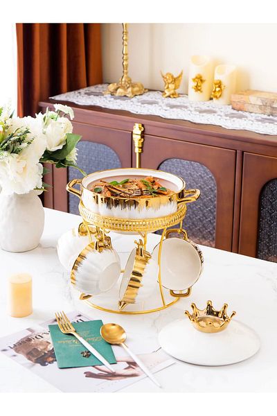 Vadi Enzo Gold Gilded 9 Piece Porcelain Pot and Bowl Soup Set with Stand
