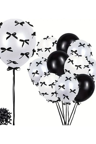 Çemrek Süs Parti White Balloon with Black Bow and Black Balloon 20 Pieces 12 Inches