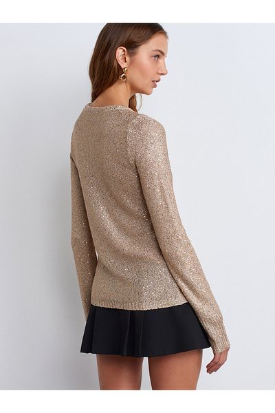 Dilvin 10699 Beige Crew Neck Sequin Lined Knitwear Sweater
