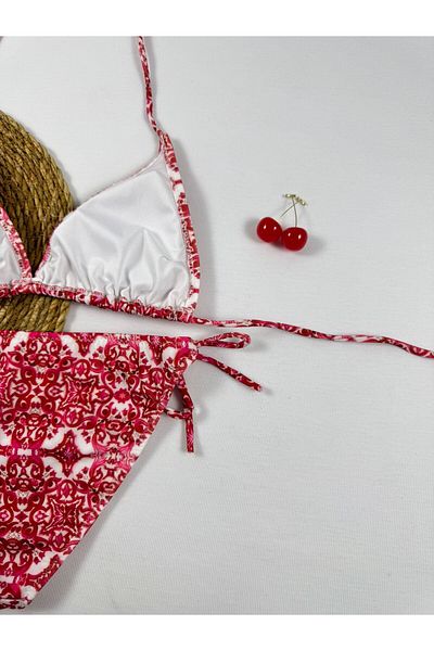 FUNELLA Red Patterned Halter Neck Stylish Women's Bikini Set