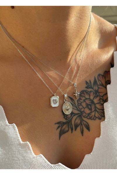 takıtarzım مجموعة من 3 قلادات على شكل نجمة قلب فضية اللون