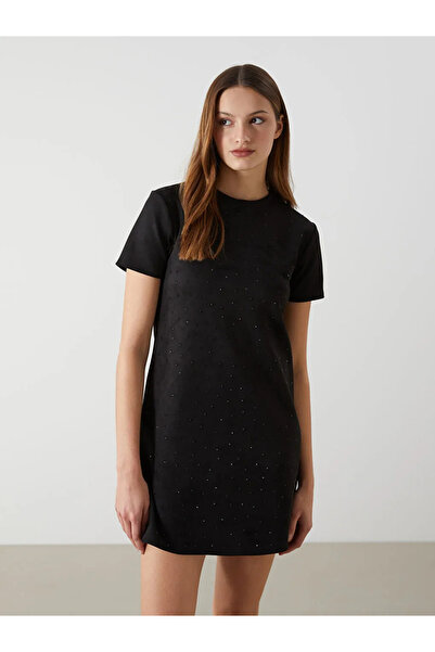 LC Waikiki LCW Comfort Siyah Bisiklet Yaka Taşlı Kadın Elbise