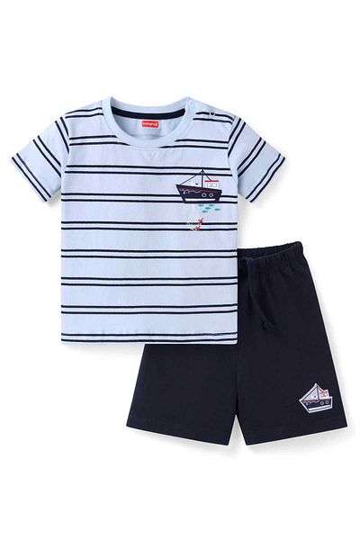Babyhug Babyhug Single Jersey Knit Half Sleeves Striped T-Shirt & Shorts Set with Boat Print - Blue