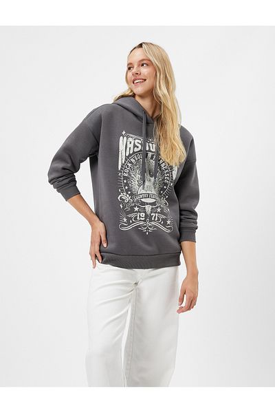 Koton Hooded Sweatshirt Printed Relaxed Cut Ribbed Long Sleeve