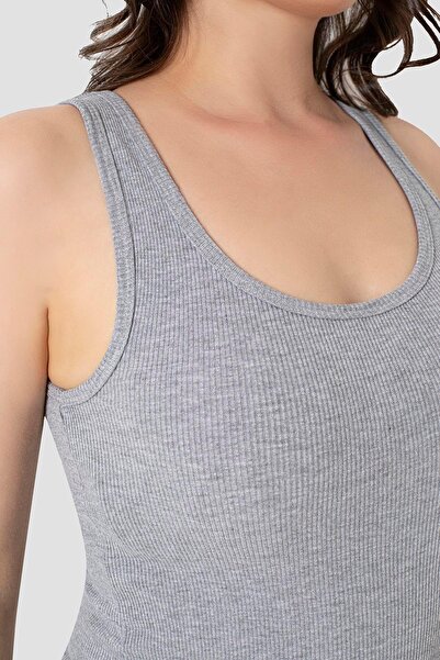 Arma Yıldız Women's Ribbed Look Thick Straps Basic Gray Tank Top 2 Pack