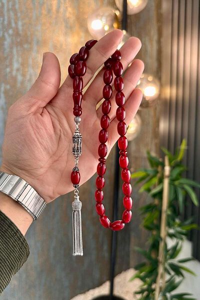 dergah tesbih Silver Design - Ottoman Cherry, Moire Construction and Clamping Amber