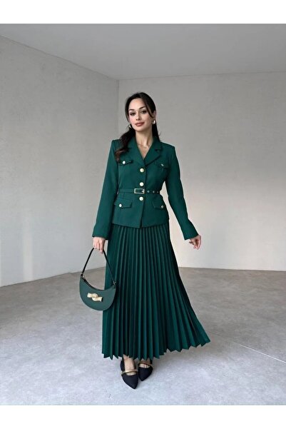 buqre's moda Premium Pleated Gold Buttoned Belted Jacket Skirt Set