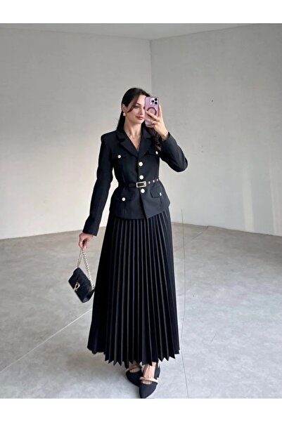 buqre's moda Premium Pleated Gold Buttoned Belted Jacket Skirt Set