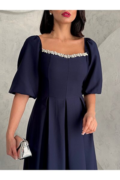 Housebutik TAŞLI DETAYLI BALON KOL PİLELİ ABİYE