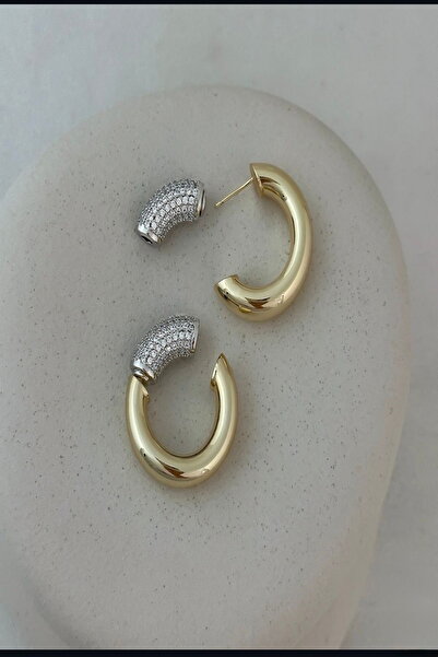 DEMOKAN Kadın Küpe Luxury Seri Altın Boru Plaka Full Zirkon Klips Kararmaz Halka Küpe