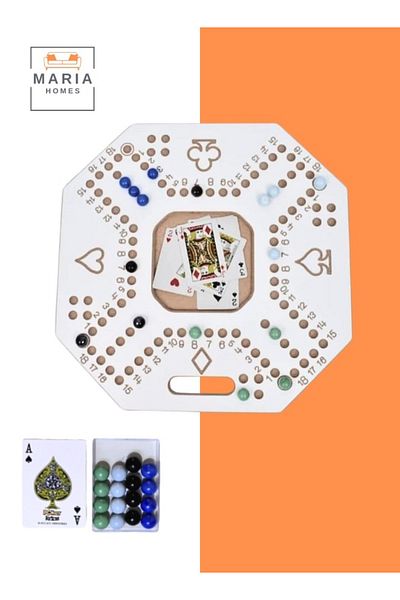 MARIA HOMES Jackaroo Board Game Wooden Strategy Game for 4 Players with Glass Balls and Cards for Family