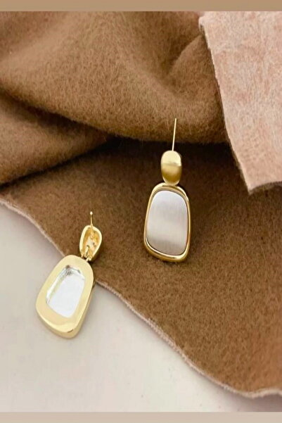 DEMOKAN Kadın Küpe İthal Özel Seri Kare Sedef Model Altın Çerçeve Kararmaz Küpe