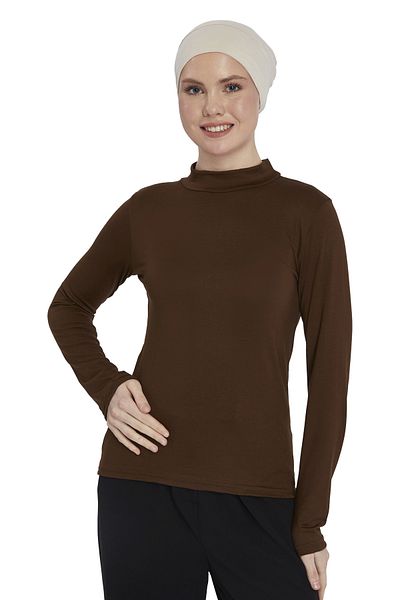 Altobeh جسم نسائي عضوي بأكمام طويلة وياقة مدورة - شوكولاتة