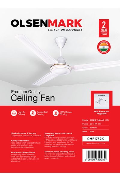 Olsenmark Ceiling Fan Omf1752 Double Ball Bearing Powerful 80w Motor , Fan