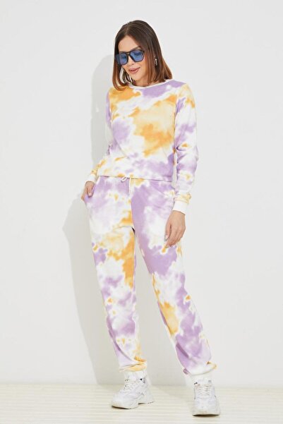 Çeşme Home Kadın Batik Desen Belden Bağlamalı Bisiklet Yaka Cepli Eşofman Takımı