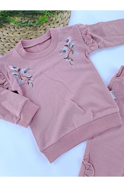 Butik Embroidery Patterned Bead Polka Dot Seasonal Double Suit for Girl and Baby - Button Detailed