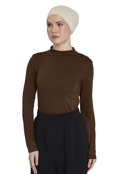 Altobeh جسم نسائي عضوي بأكمام طويلة وياقة مدورة - شوكولاتة