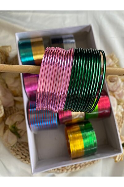 Home 24'lü Hint Metal Bilezik Seti – Açık Pembe & Koyu Yeşil (Mat ve Parlak Tasarım, 2.10 Boyut)