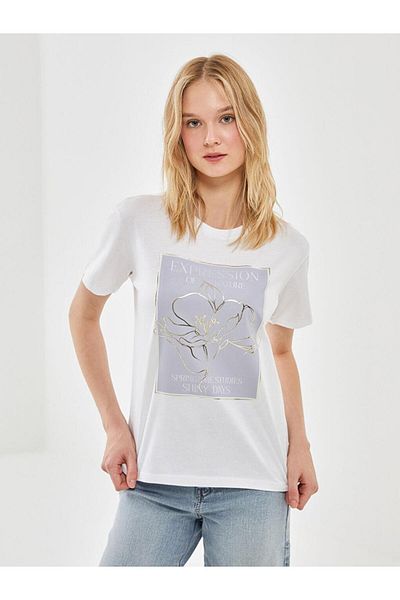 LC Waikiki Γυναικείο μπλουζάκι με στάμπα LCW Vision Crew Neck
