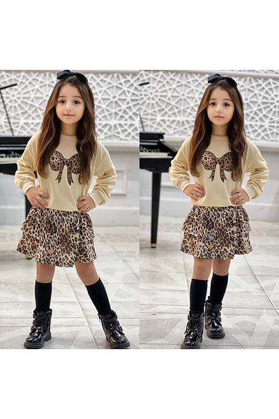 MUMİKİDS Leopard Sweatshirt and Skirt Set for Girl - Bow Detail