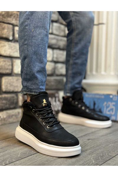 WEBORN Men's Daily Faux Leather Black White Water Resistant Comfortable Winter Boots with Fur Inside Laced Stylish