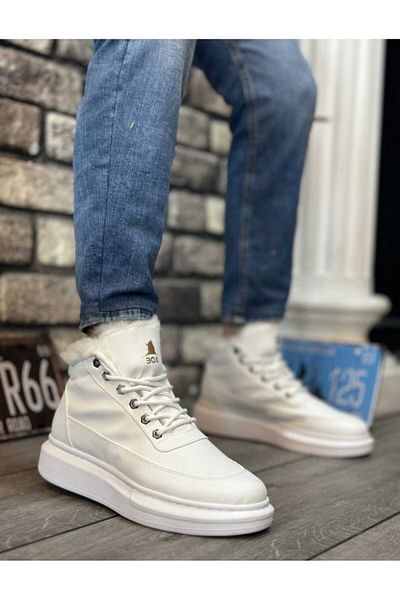 WEBORN Men's Daily Faux Leather White Water Resistant Comfortable Winter Boots with Fur Inside Laced Stylish