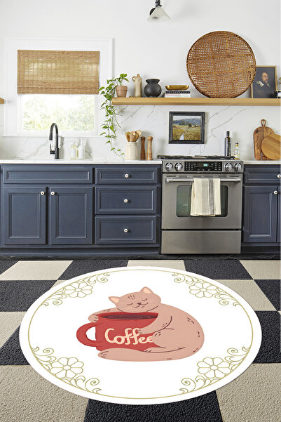 Napoli Home Baskılı Modern Kedi Motifli Yıkanabilir Kaymaz Taban Yuvarlak Sal...