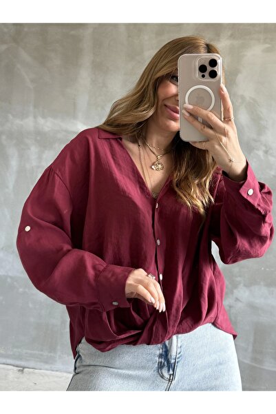 KÜBRA SÖYLEMEZ BOUTİQUE قميص عاري الكتفين بتفاصيل عقدة أمامية باللون العنابي